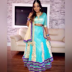 Elegant Turquoise and Cream Lengha